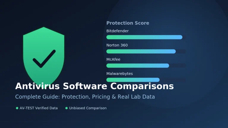 Antivirus software comparisons infographic showing Bitdefender, Norton 360, McAfee and Malwarebytes protection scores
