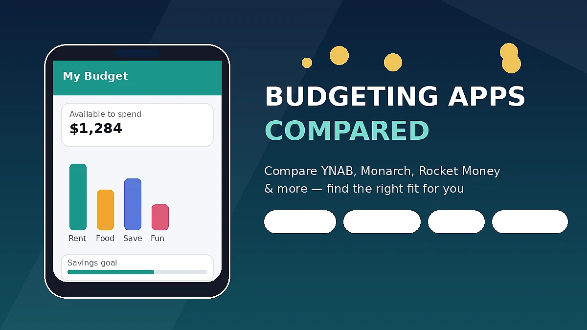 Budgeting apps comparison guide showing app dashboard with spending categories and savings tracker