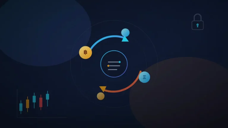 Crypto exchange platform illustration showing digital coins, trading chart, and secure exchange network